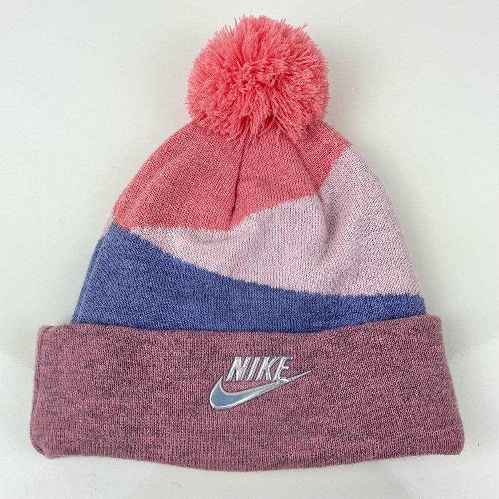 Nike Youth Girls Pink Multicolor Pom Winter Beanie Hat Logo